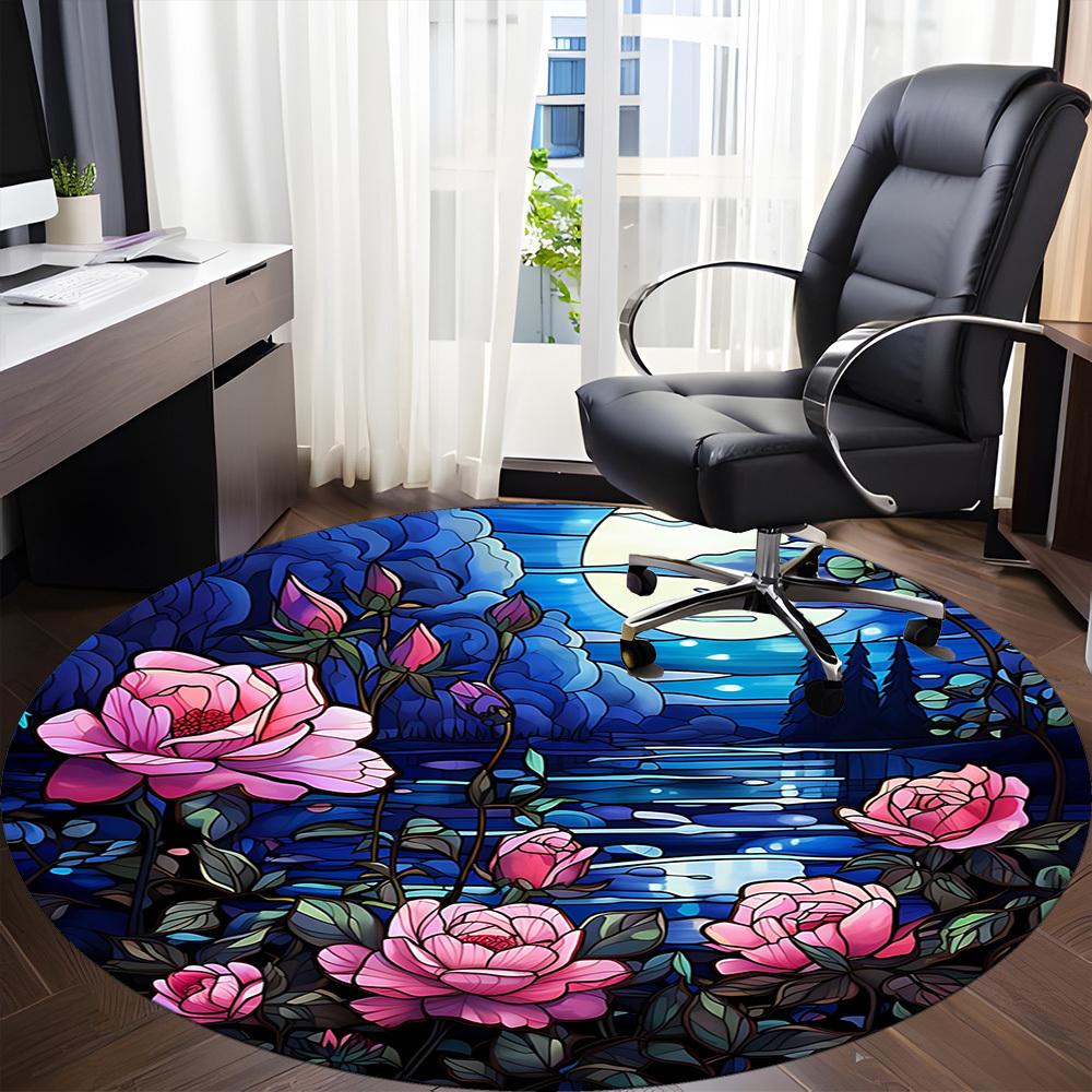 1pc Stained Glass Roses Chair Carpet for Office Non-Slip, Machine Washable Rug for Office, Room - Polyester, Machine Made yy251029172