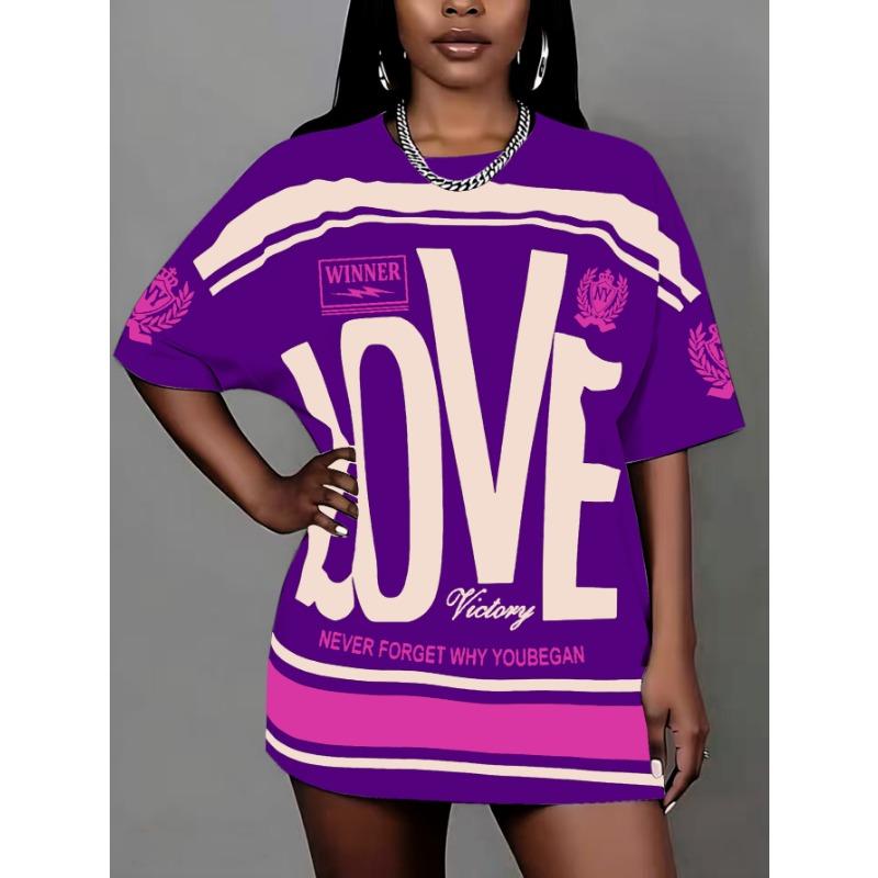 Plus size women's clothing 2025 new round neck letter print T-shirt pullover top suitable for daily wear