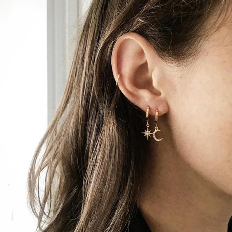 925 Silver CZ Star Moon Asymmetric Hoop Earrings for Women Gold Silver Stars Moon Circle Earrings Party Jewelry Gifts