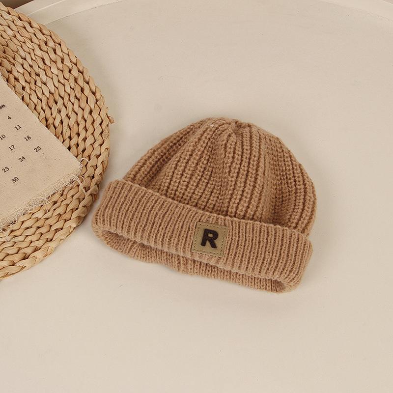 Solid Color Warm Knitting Children's Cap Autumn Winter R Letter Melon Caps for Baby Korean Casual Boys Girls Brimless Hat Beanie