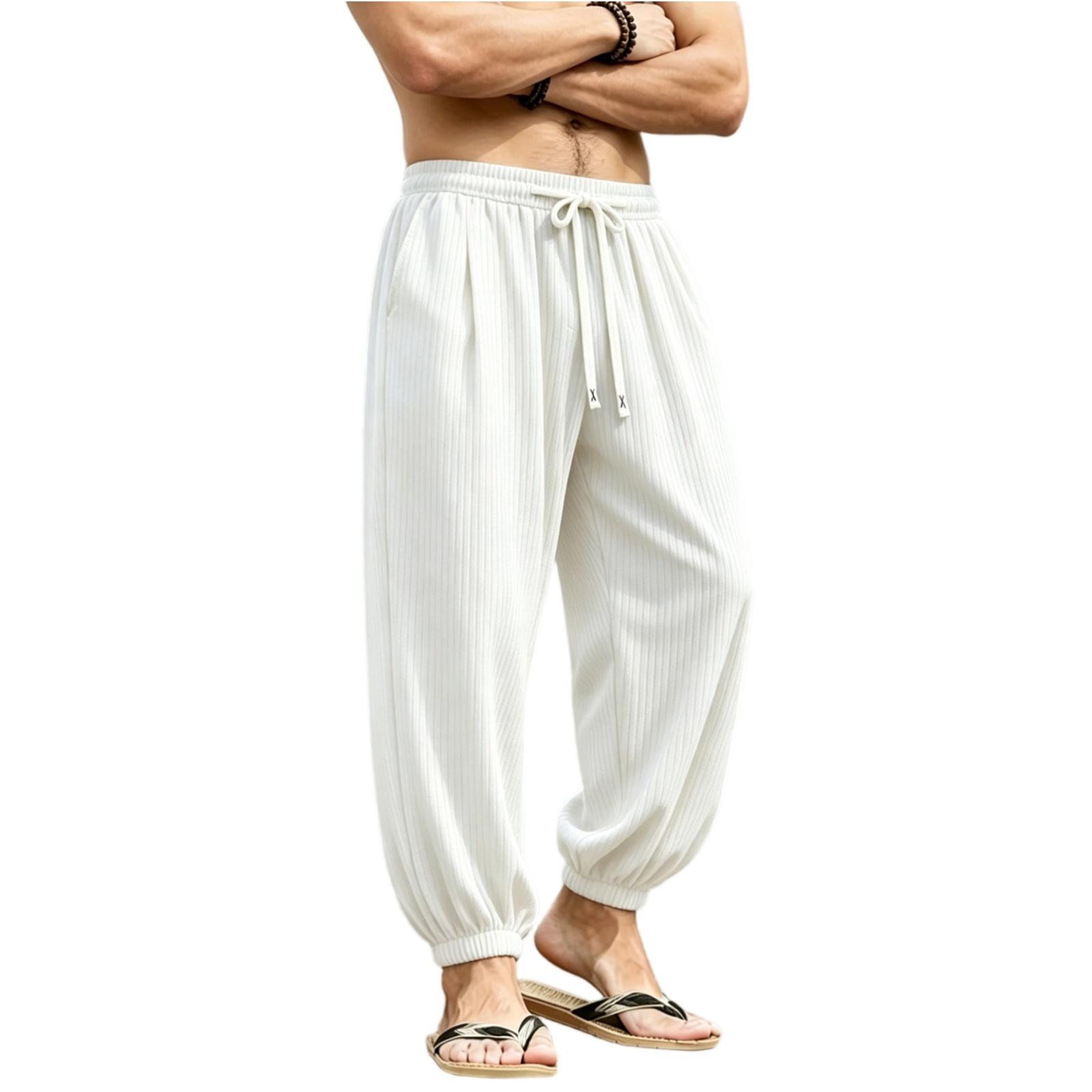 

Men s Ribbed Texture Jogger Pants with Drawstring Waist Breathable Casual Long Trousers Elastic Cuffs Relaxed Fit Lightweight Fabric XL білий