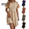 Summer Mini Dress Ruffled Short Sleeves O Neck Pleated A-line Dress Pure Color Loose Hem Dress for Dating Shopping Travel