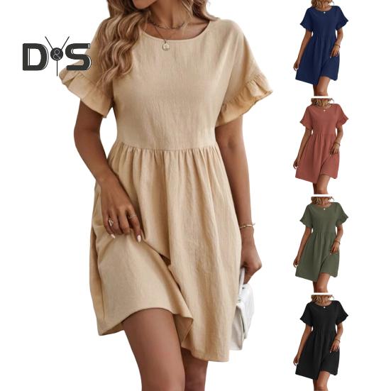 Summer Mini Dress Ruffled Short Sleeves O Neck Pleated A-line Dress Pure Color Loose Hem Dress for Dating Shopping Travel