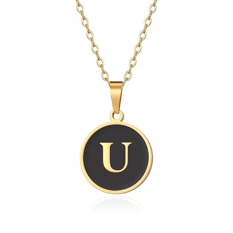 English letter oiled necklace, European and American trend titanium steel chain, round gold letter pendant collarbone chain