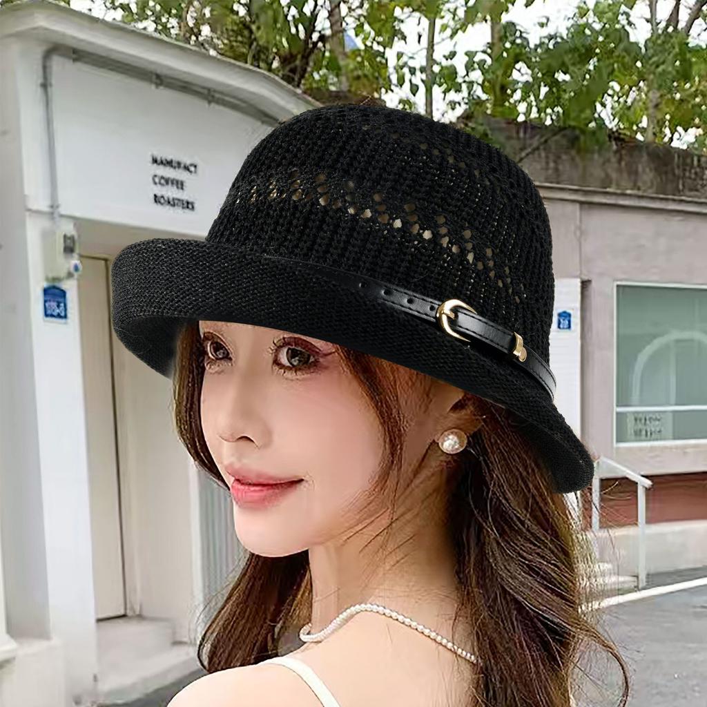 2026 New Sun Hat Women's Sunscreen Hollowed Out Breathable Basin Hat Korean Version Elegant Top Hat Belt Shows Small Face