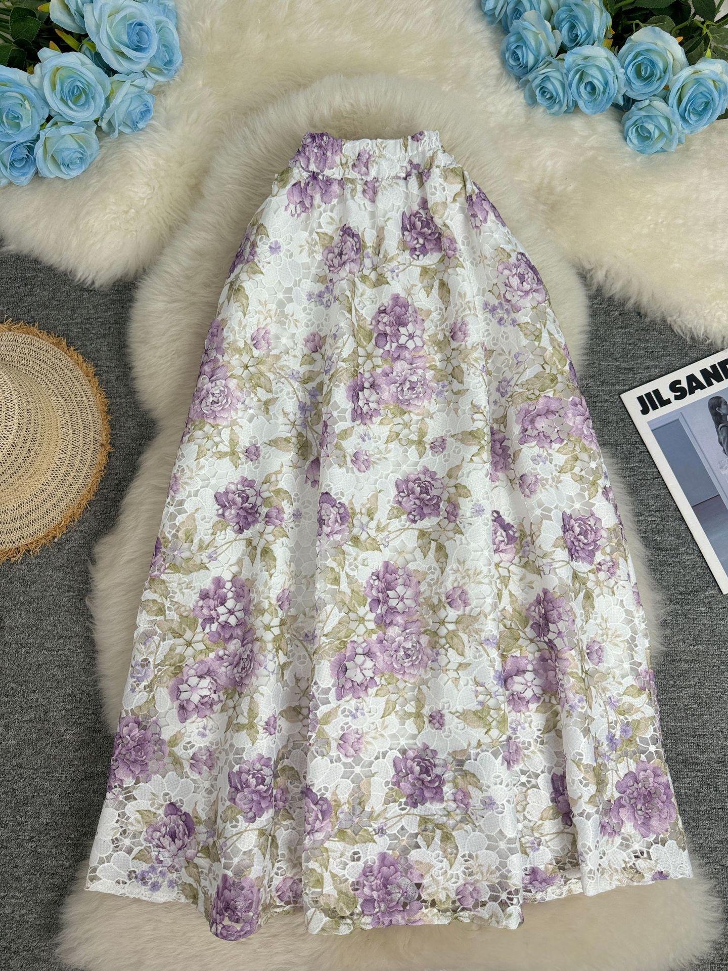 

European Resort Style 3D Embroidered A-Line Midi Skirt - Versatile & Chic One Size фіолетовий