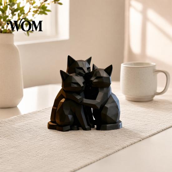 Matte Black Cat Figure 3D Printed Figurine, Three Hugging Geometric Statue, Statue Modern Animal Shape Sculpture for Home Office Bookshelf
