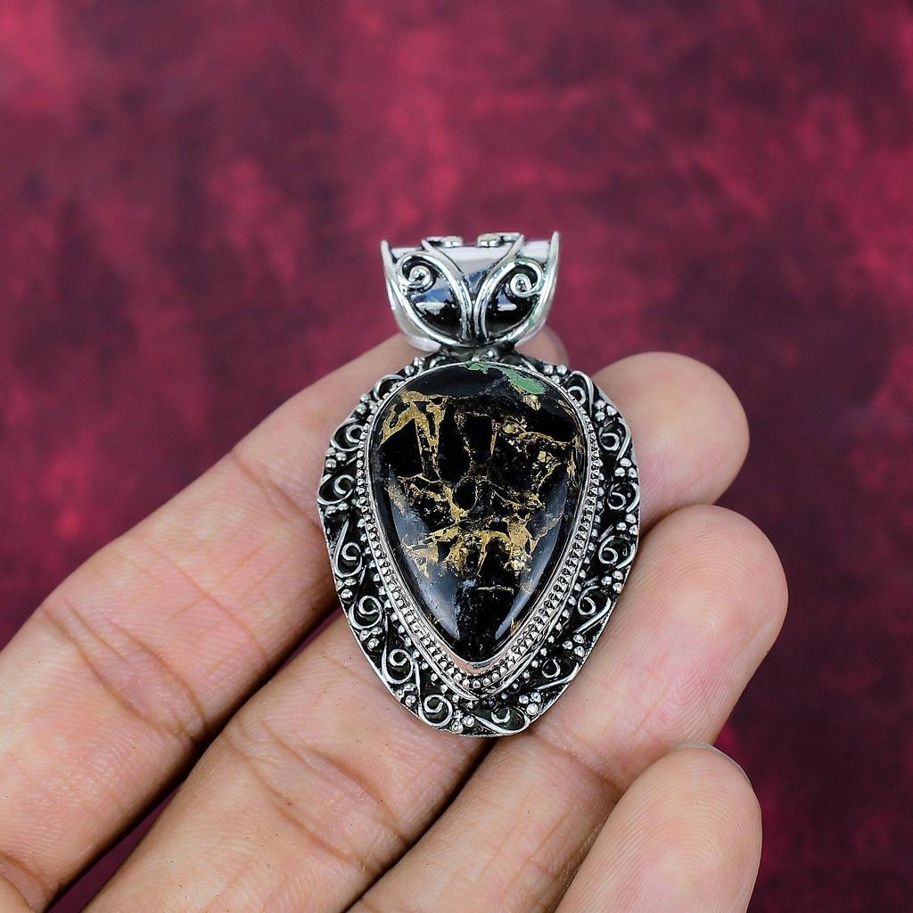 Copper Black Tourmaline Handmade Gemstone Pendant, 925 Solid Sterling Silver Pendant, Gift for Introverted