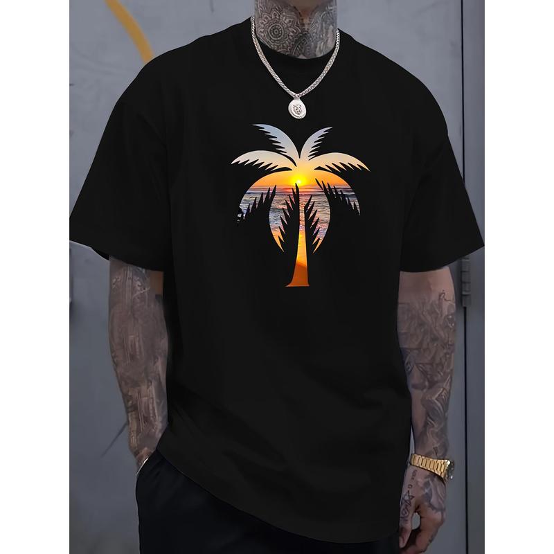 Summer unisex T-shirts with sunset and coconut tree print. S