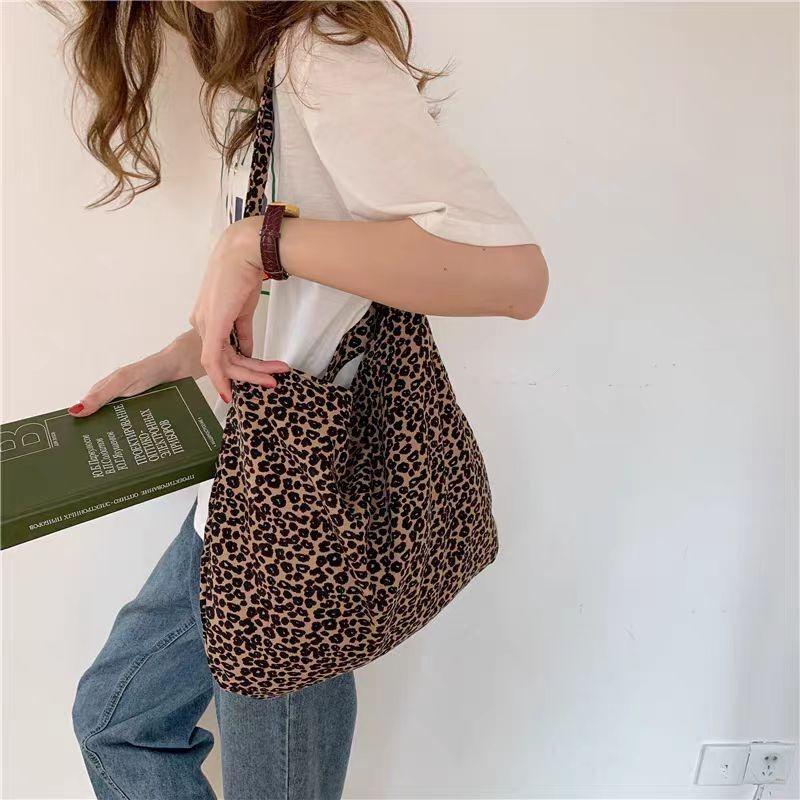 Large Capacity Leopard Print Corduroy Shoulder Bag Lazy Wind Versatile Shopping Bag Wind Canvas Bag