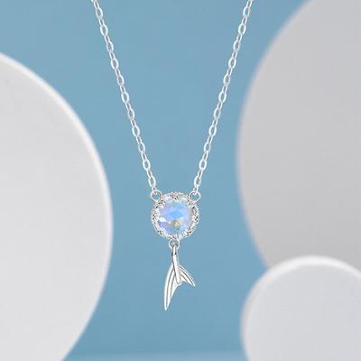 S925 Sterling Silver Glazed Stone Fishtail Necklace Female Simple Small Design Clavicle Chain Pendant  Women