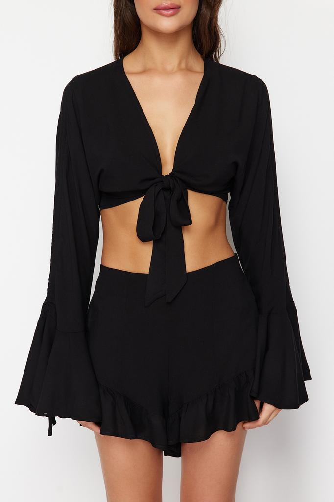 Damenmode Neues Oberteil-Unterteil-Set Schwarz Gewebte Rüschenbluse Shorts Set