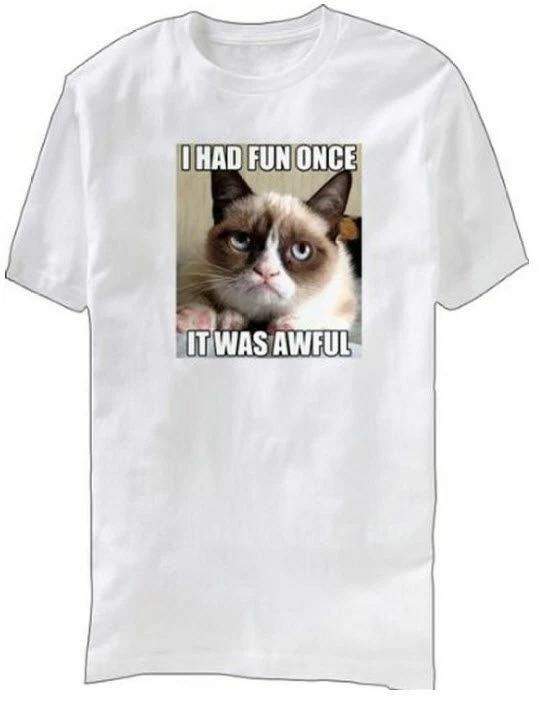 Adult White Internet Meme Grumpy Cat I Had Fun Once It Was Awful 100% Cotton T-shirt Mens Tees Top Tee 2XL