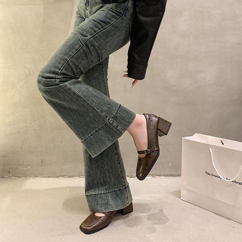 New Square Head Fashion Light Mouth Strap Retro French Small Leather Shoes Spring and Autumn Four Seasons Mary Jane Shoes Internet Celebrity Trend