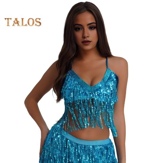 

Женский сексуальный сверкающий топ с блестками и бахромой на бретельках без рукавов, бюстгальтер для танца живота в ночном клубе, блестящий бронзовый жилет озеро синий