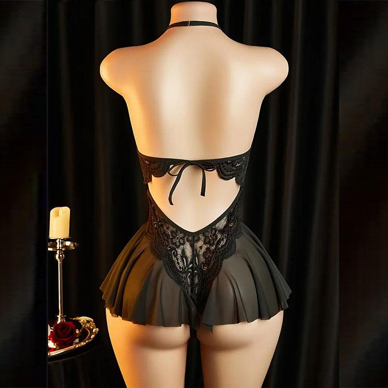 Crotchless Naughty Lingerie For Adult Women Sexual Bodysuit Lace Open Crotch Porn Baby-doll Dress Black Sexy Underwear Set