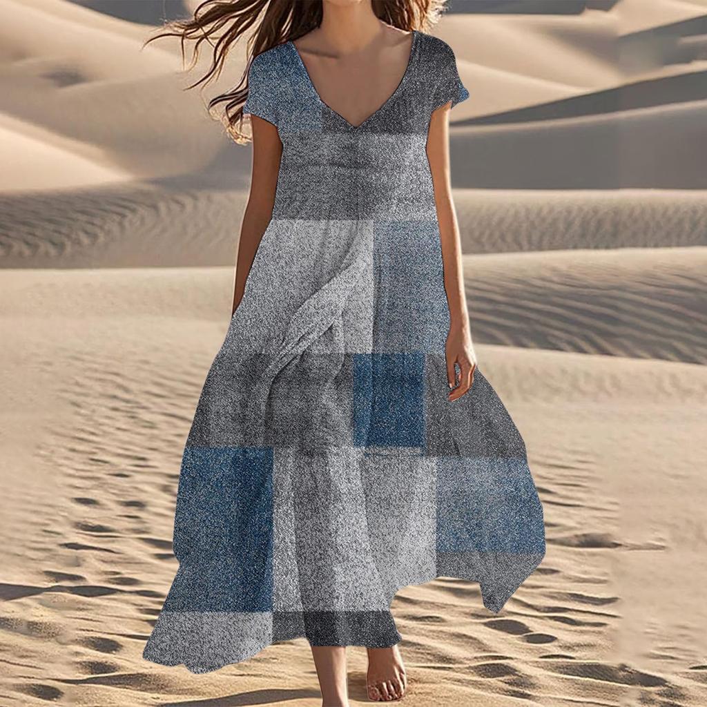 Women's Summer Fashion V-Neck Beach Long Short Sleeve Striped Geometric Print Dresses