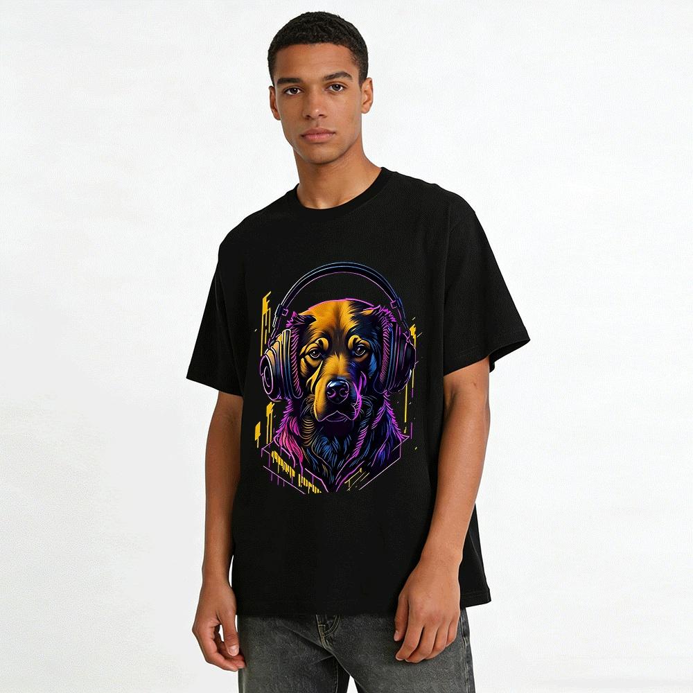 Cooler Golden Retriever mit Kopfhörern Grafik Casual T-Shirt Reines Baumwoll-T-Shirt
