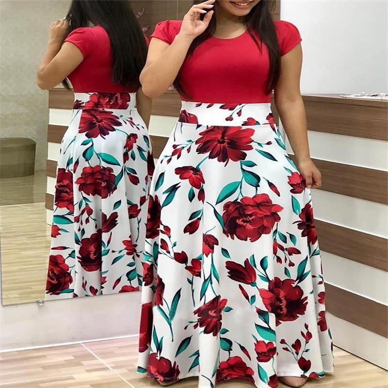 Flower print color matching short-sleeved large-size dress for women
