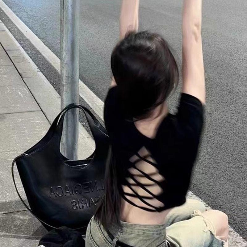 Niche Sexy Casual Slim Spice Girl Back Hollow Strap Short Sleeve T-Shirt American Skinny Halter Top Women