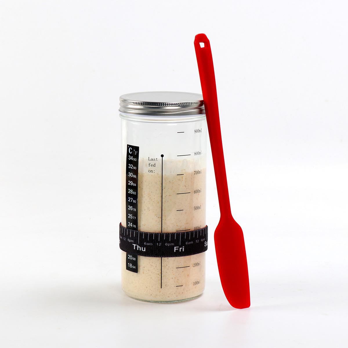 

Банка для закваски с лентой для подачи с датой, термометр, скребок для банки для брожения закваски, сшитая тканевая крышка и металлическая крышка 1000ml