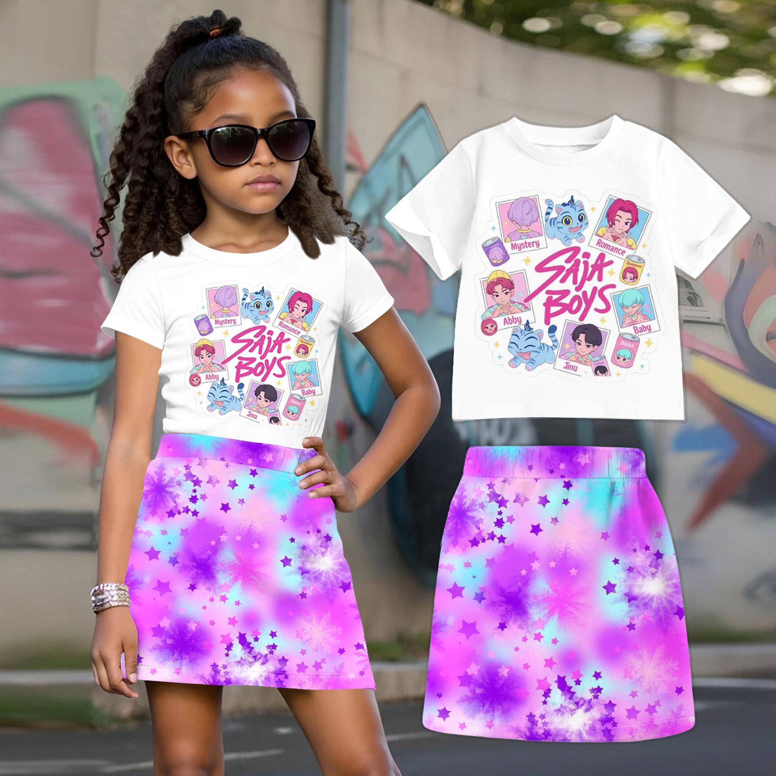 

Детский свободный повседневный модный комплект из топа с коротким рукавом и круглым вырезом с принтом Ведьма + Короткая юбка 100 бежевый