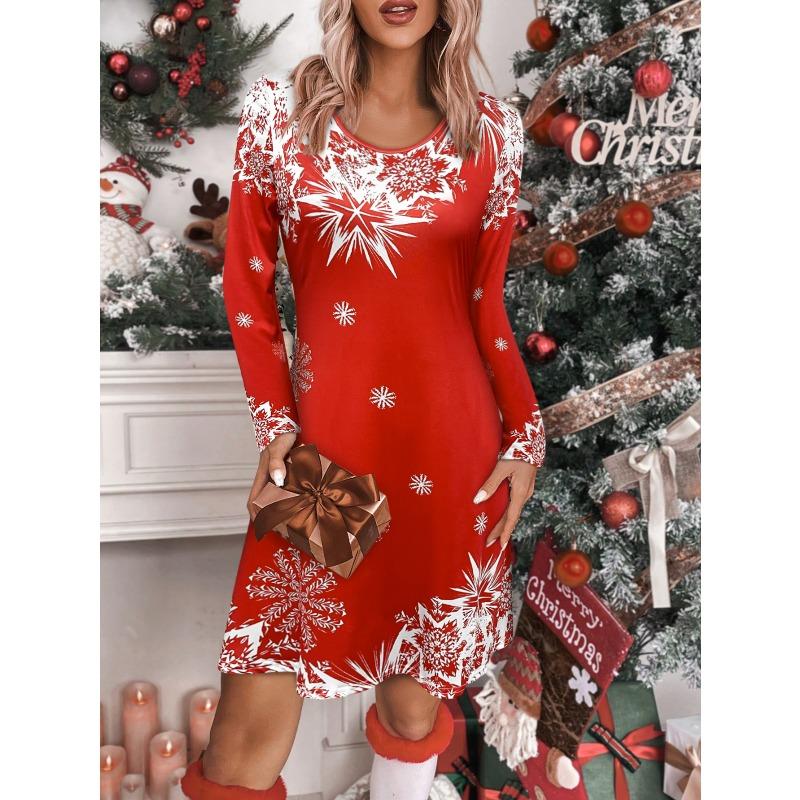 Women'S Christmas Snowflake Print Long Sleeve Dress - Red & White Winter Party Outfit, Formal Holiday Events