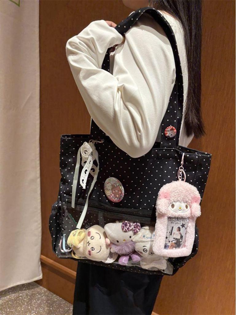 Polka Dot Anime Ita Bag: Large Capacity Canvas Tote with Versatile Shoulder Strap - Korean Style