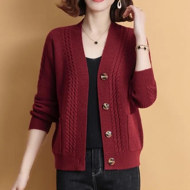 Women's Autumn Loose and Thick Knitted Cardigan, Middle-aged Mother's Simple and Elegant Sweater Jacket