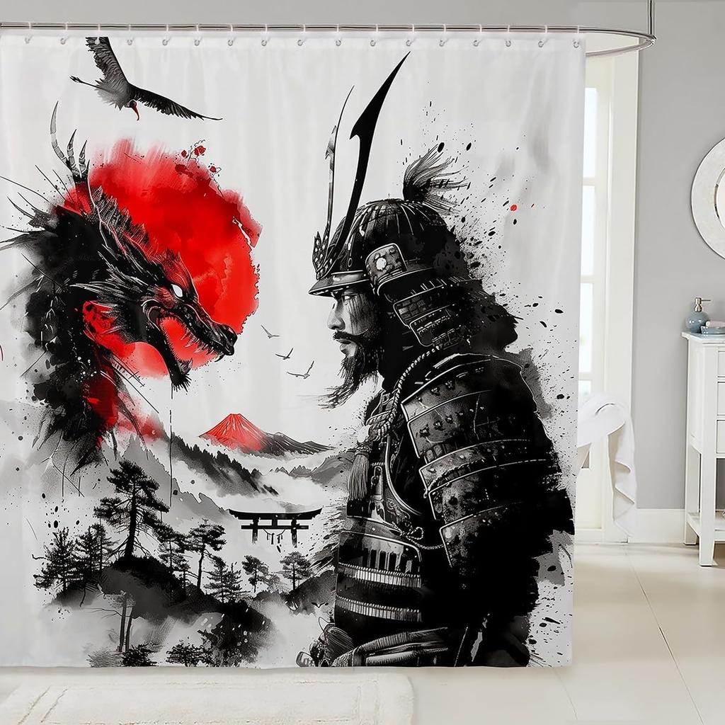 Samurai Fabric Shower Curtain Japanese Style Shower Curtain for Kids Boys Girls Vintage Dragon Bathroom Waterproof Accessories