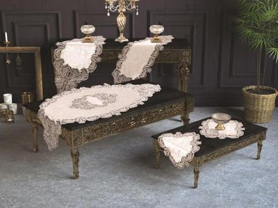 Jasmine Velvet Runner Set 5 Pieces For Living Room, French Lace, Wedding, Home Accessories Cream Silver