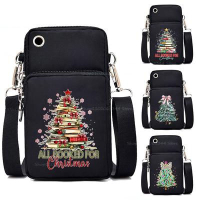 Books Christmas Tree Print Women Small Crossbody Bag Aesthetics Cartoon Multi-function Mini Mobile Phone Bag Purse Handbag