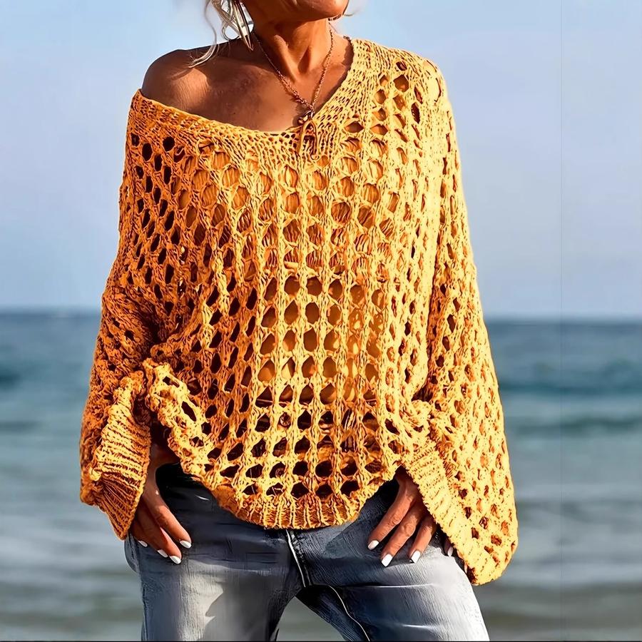 New Sexy Hollow Knit Sun Protection Shirt Summer Vacation Knit Top for Women Spring and Summer Outerwear Beach Cover-up Loose Top