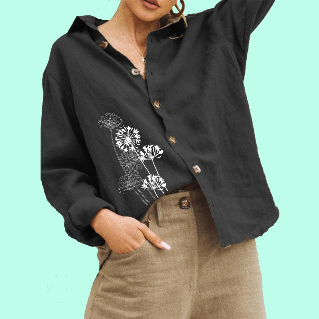 Women Fashion Cotton Linen Blouse Ladies Floral Print Top Casual Buttoned Long Sleeved Shirt