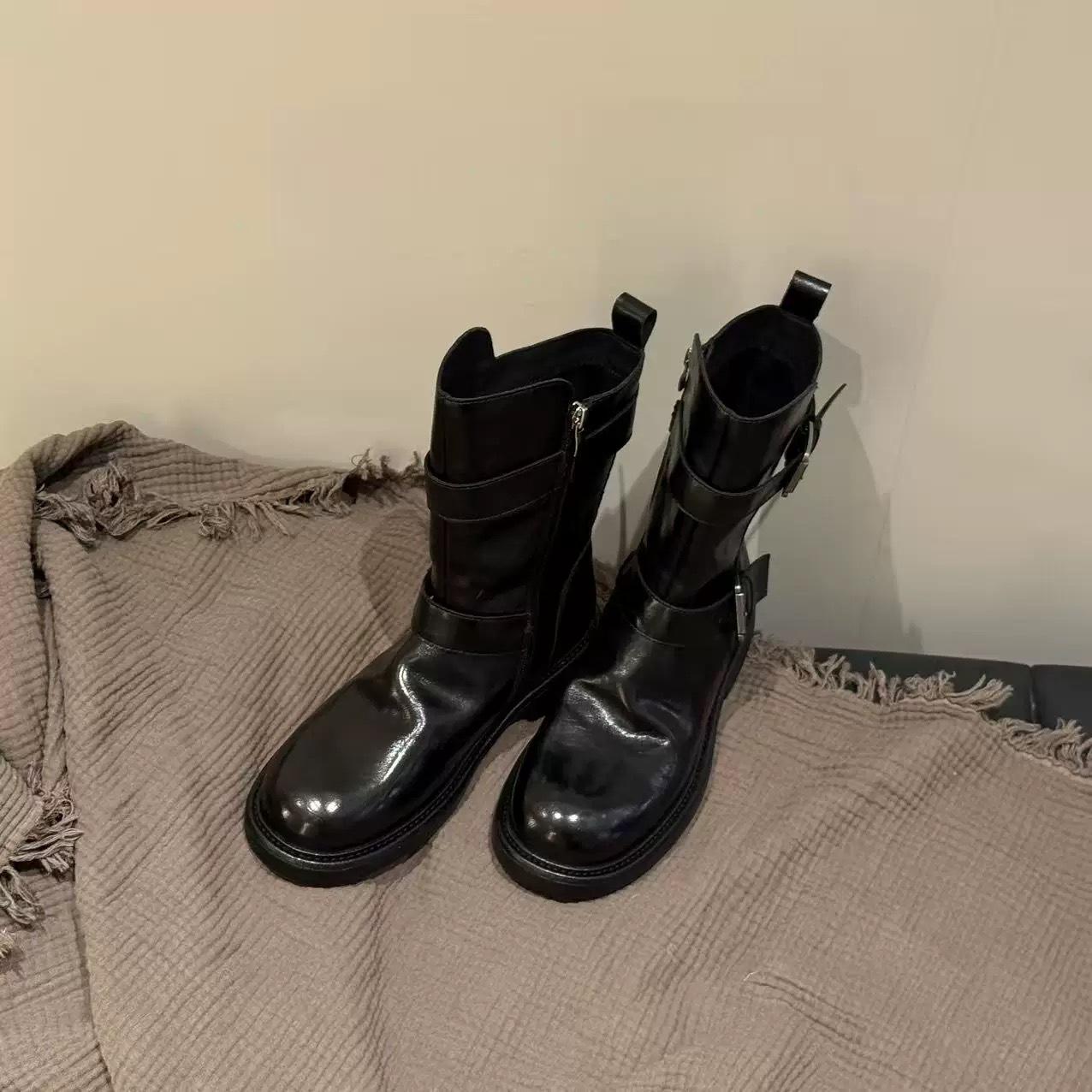 

Ruodan Maillard Boots Retro Leather Medium Boots Women s Belt Buckle Short Boots Thick-soled Knight Boots Skinny Boots 40