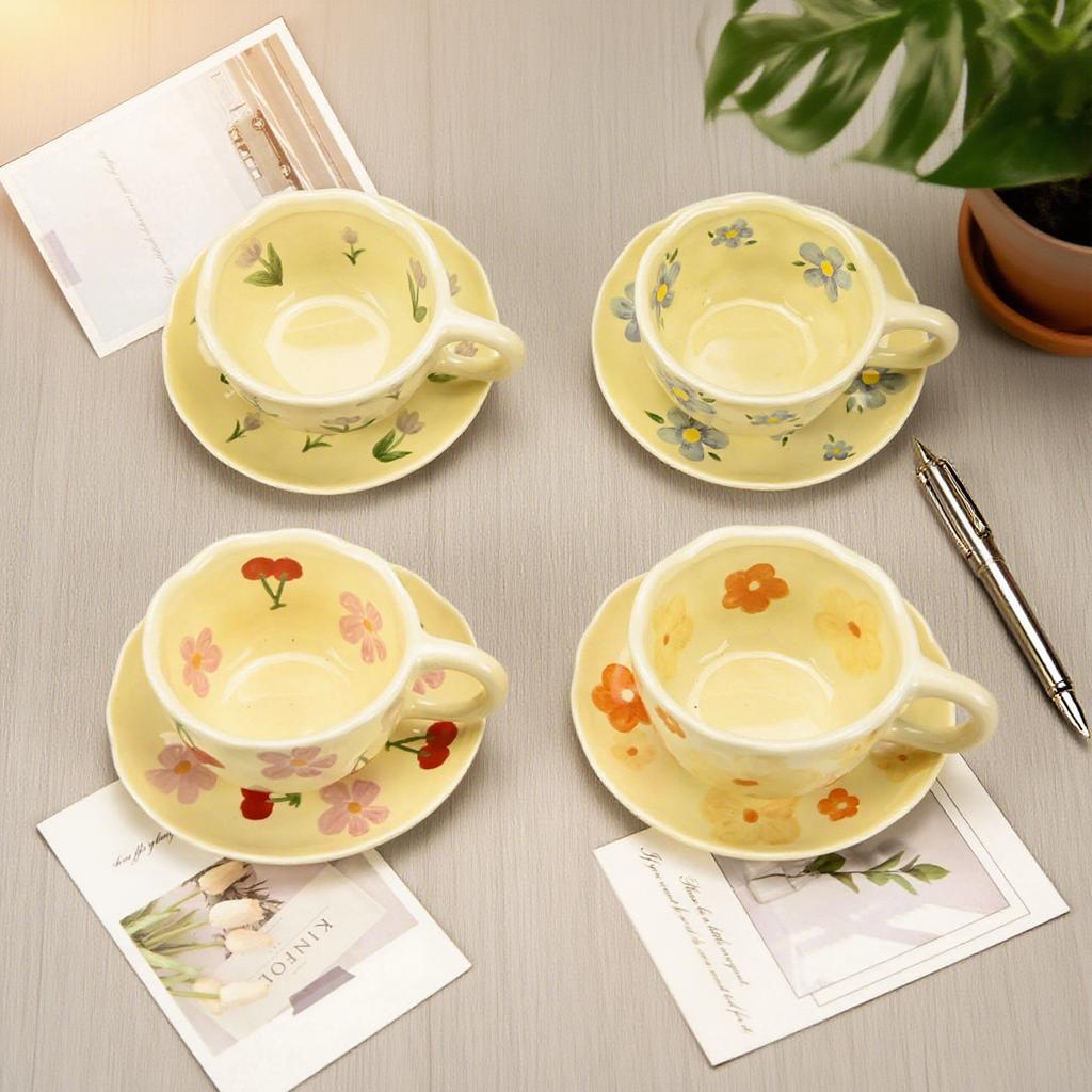 2PCS/Set High-end Coffee Cups And Saucers, High-value Ceramic Mugs, Business-style Latte Art Coffee Cups, Hand-pinched Cups