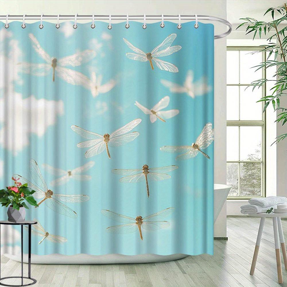 Dragonfly Nature Landscape Shower Curtain - Realistic Insect Pattern, Polyester Bathroom Decor, 12 Hooks