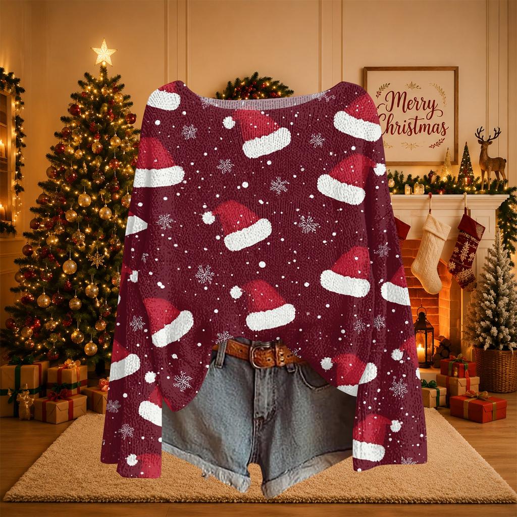 Women's Christmas Print Lightweight Knit Sweater Long Sleeve Casual Pullover Top