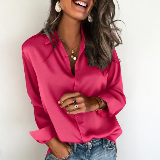 Women Satin Shirt Pure Color Loose Fit Imitation Silk Shirt Lapel Long Sleeve Buttons Placket Tops Business Casual Daily Wear
