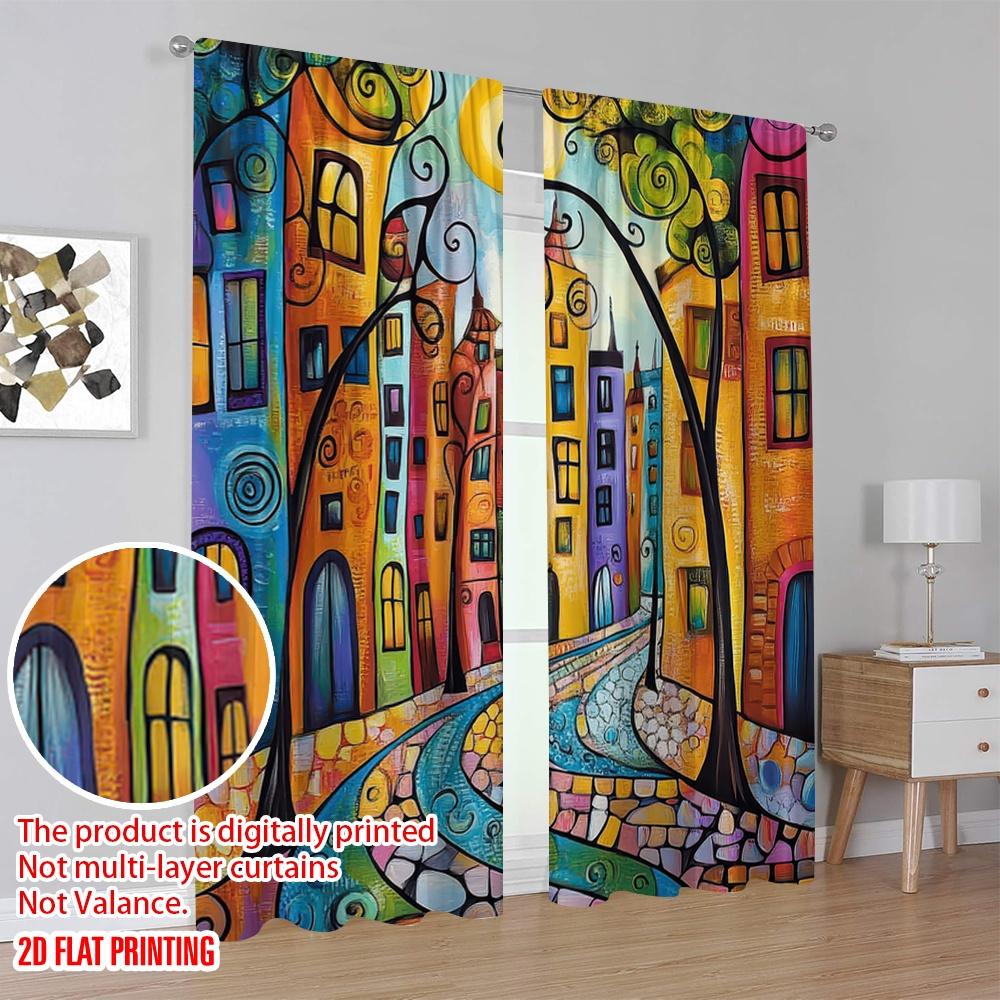 2D Flat Printing 2pcs Curtain Vintage Abstract City Fabric,Without Electricity Festive Wall Decor for Festive Atmosphere