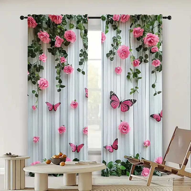 Elegant Butterfly And Pink Rose - Printed Curtains, Suitable For Bedroom And Living Room Home Decoration