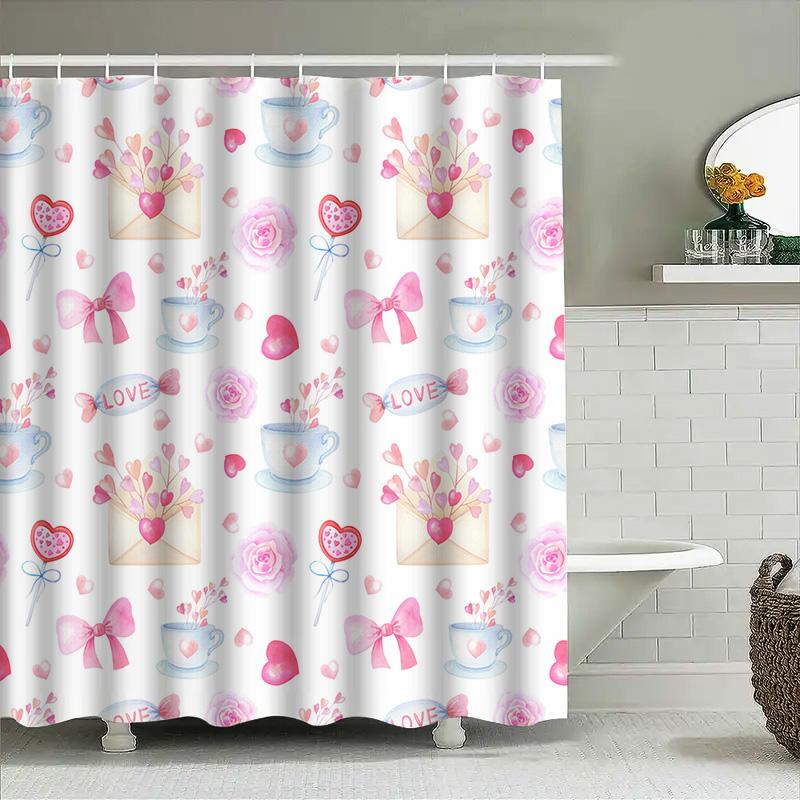 Romantisches Aquarell-Duschvorhang-Set Für Badezimmer-Dekoration Rosa Blumen Herzen Design Wasserdichtes Stoffmaterial Mit Haken Inklusive