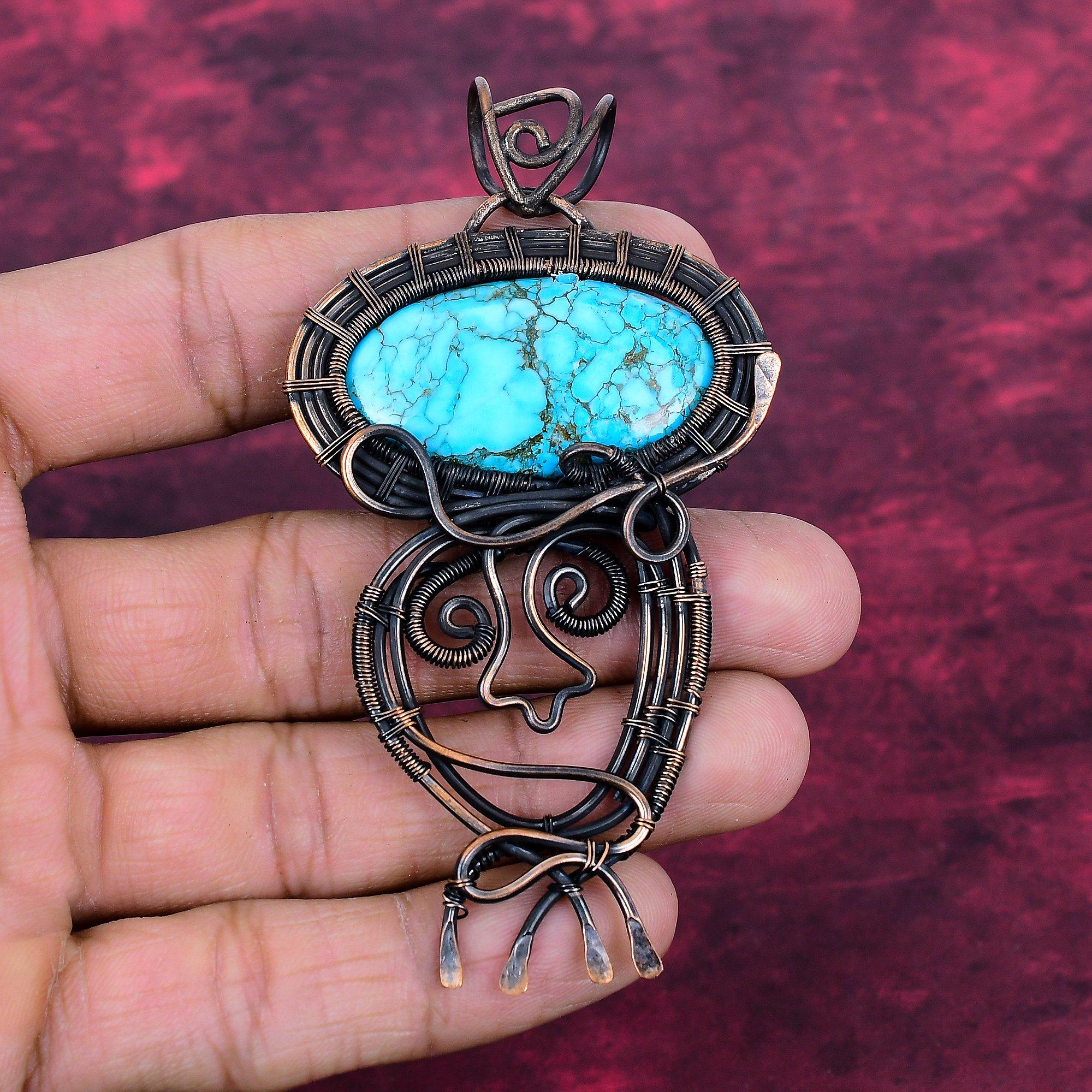 Tibetan Turquoise Gemstone Pendant Handmade Jewelry Copper Wire Wrapped Pendant