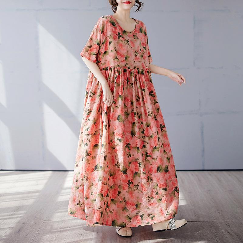 

Простое богемное длинное платье лето новое полнящее плюс короткий рукав круглый вырез платье с принтом женская одежда One Size