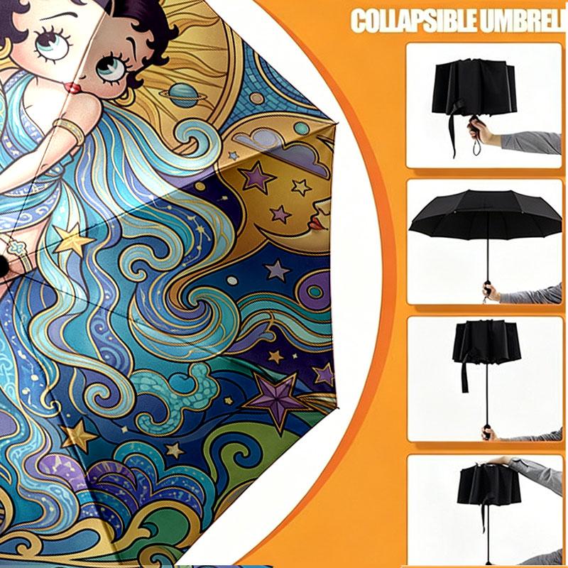 Spersonalizowany Parasol z Nadrukiem Betty Boop z Imieniem, Automatyczne Otwieranie i Zamykanie, Wytrzymały Stelaż z 8 Żebrami, do Codziennego Użytku, na Kemping i Piesze Wycieczki, Prezent Urodzinowy