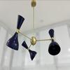 Mid-Century Modern Brass Chandelier: Navy Blue Cone Shade, Adjustable Pendant Light