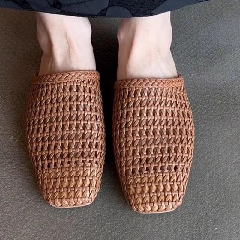 Soft Sheepskin~ Hollow-woven Breathable Bag Head Half-dragging Girl Wearing Summer Fairy Temperament Cool Slippers