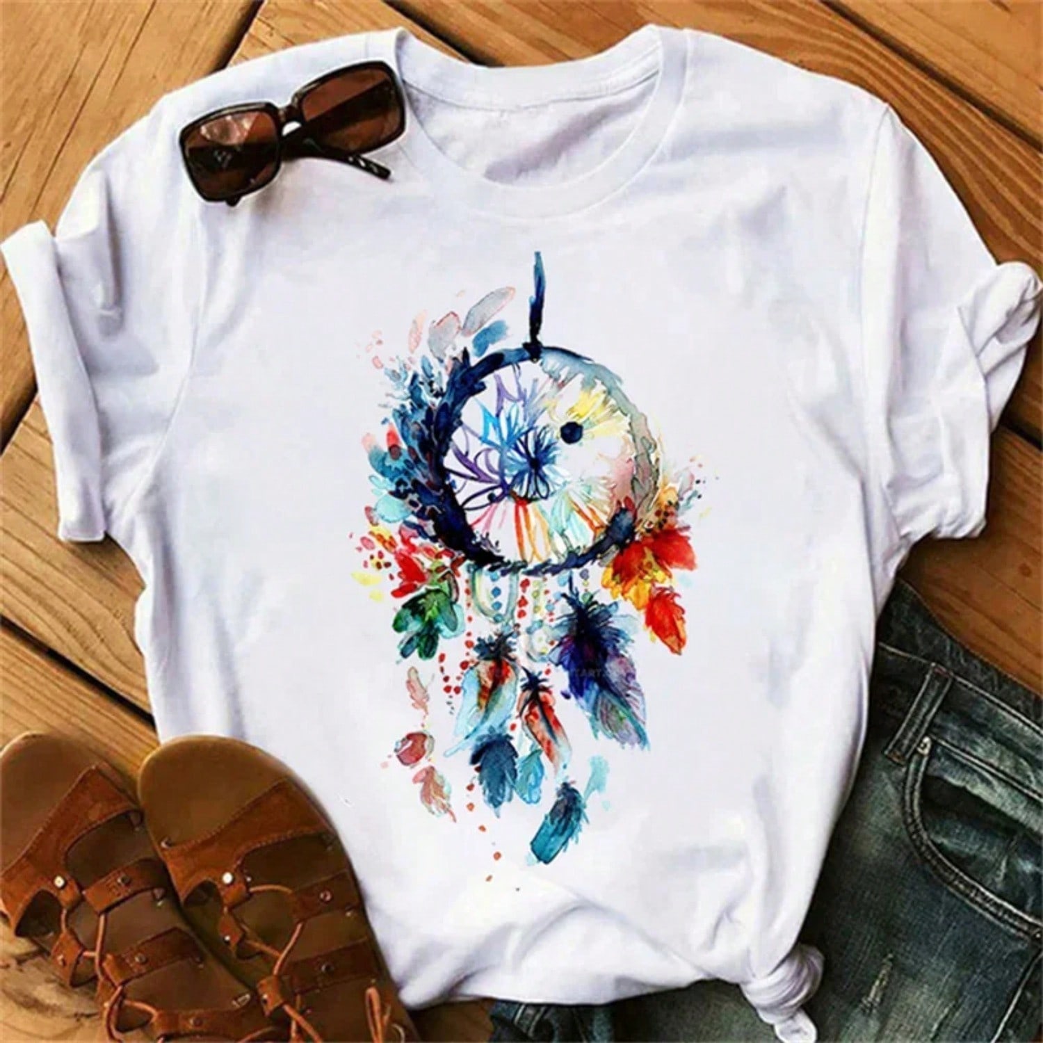 Fashion Feather Dreamcatcher T Shirt unisex Harajuku Graphic Tees Shirt Femme Dream Catcher unisex s T-Shirt Clothes Tops S разноцветный