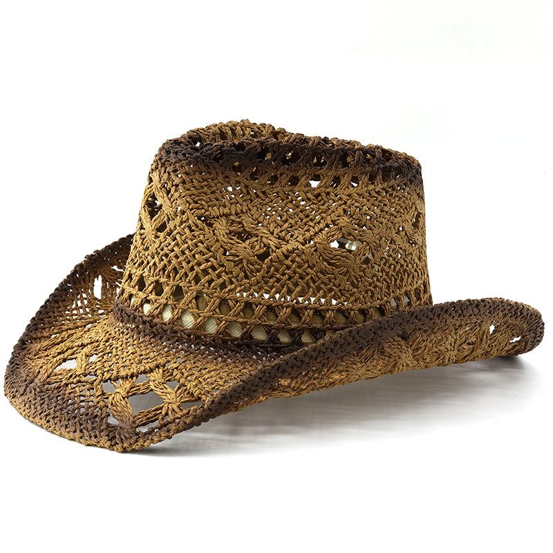 Unisex Gradient Hollow Woven Cowboy Straw Hat Breathable Wide Brim Sun Protection Outdoor Travel Beach Cap