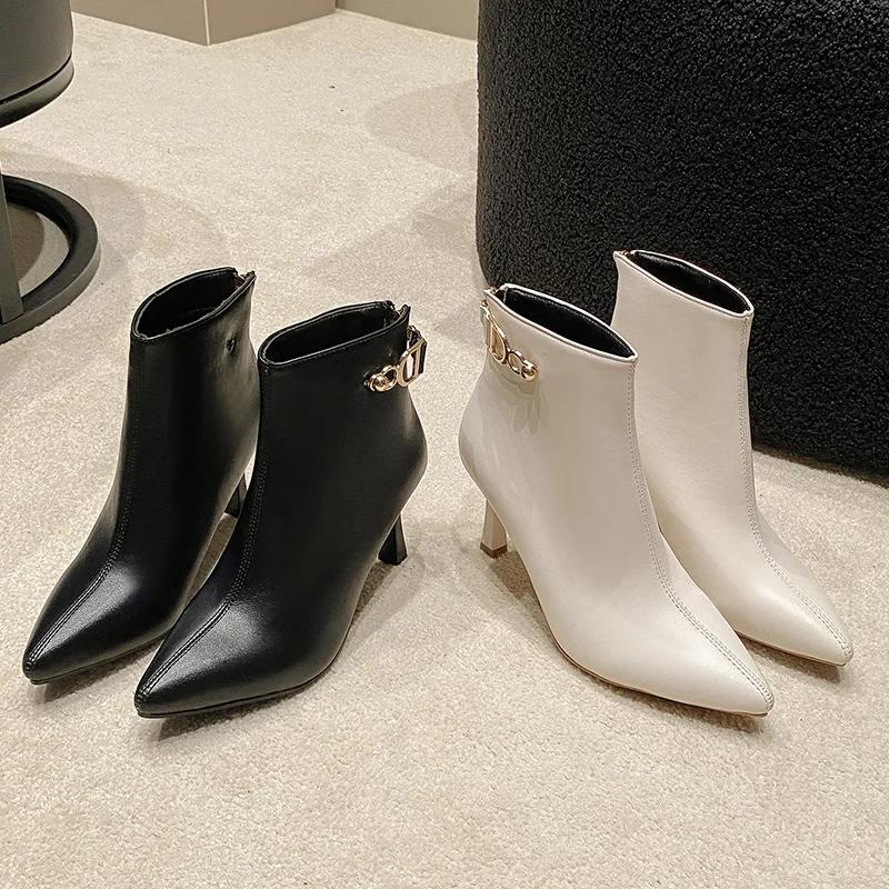 Móda Klasické luxusní dámské boty špičaté tenký podpatek kotníkové boty pro dámskou jaro a podzim 2024 nové všestranné ležérní módní boty